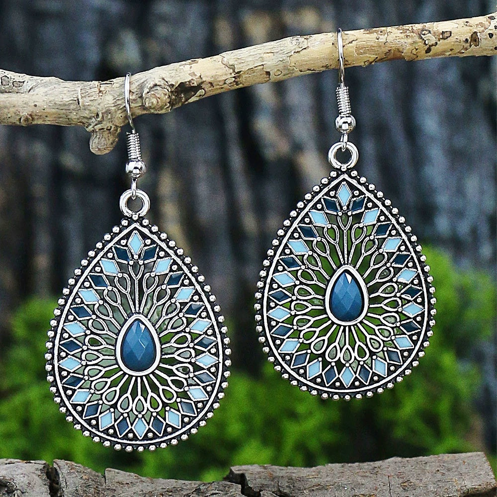 Turquoise Bohemian Tassel Geometric Earrings