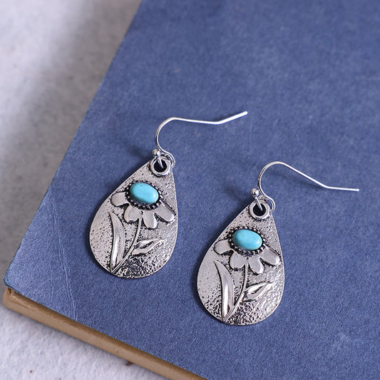 Alloy Carved Earrings Inlaid Turquoise